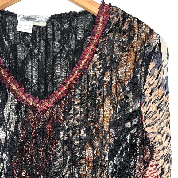 Alberto Makali Sheer Lace Sequin Animal Print Long Sleeve Top Size Medium - Picture 2 of 11